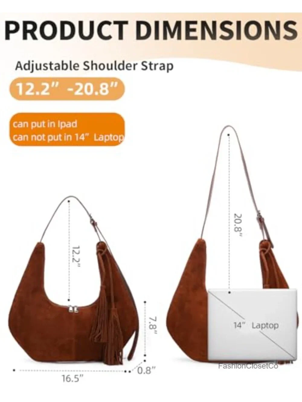 Vintage Suede Hobo Shoulder Bag with Tassel, Adjustable Crossbody Strap